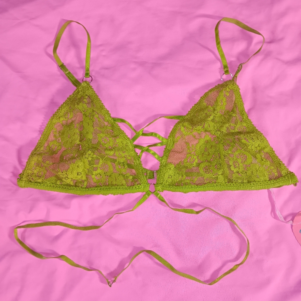 Dolls Kill × Sugar Thrillz  Bright Lime Green Lace Up Bra Top (L)